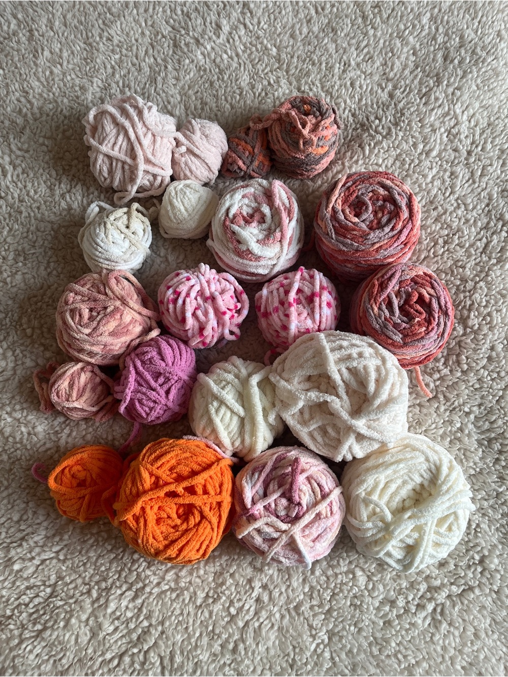 Bernat Plush Chenille Yarn Lot Destash in Pink, Coral, Orange & Cream